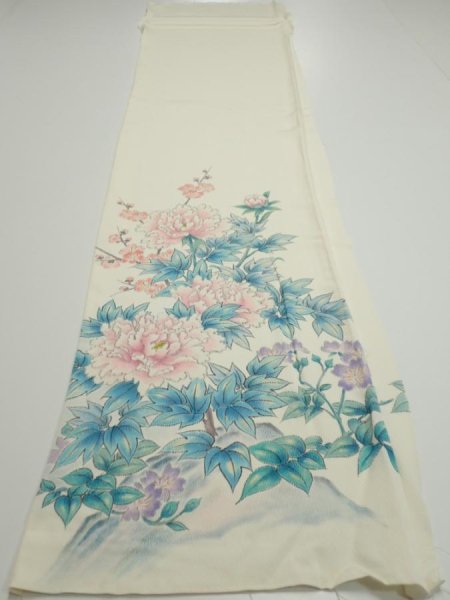 Photo5: 2L01z80  Japanese Kimono Silk  FABRIC Flowers  Off-white 56.3x14.4 (5)