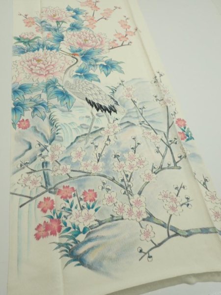 Photo2: 2L02z  Japanese Kimono Silk  FABRIC Crane Flowers Off-white (2)