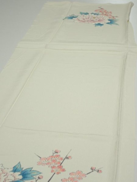 Photo3: 2L02z  Japanese Kimono Silk  FABRIC Crane Flowers Off-white (3)