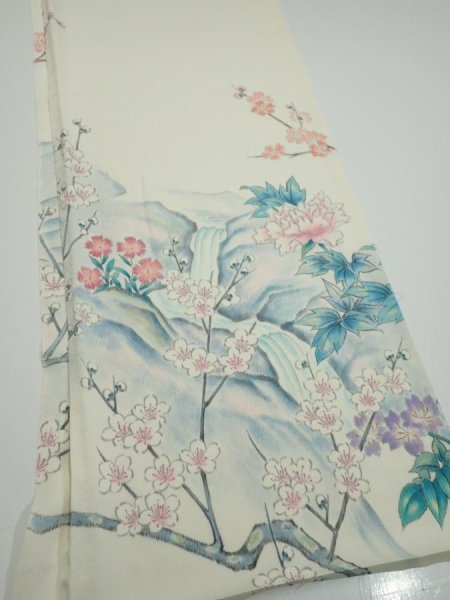 Photo2: 2L04z  Japanese Kimono Silk  FABRIC River Plum branch Off-white (2)