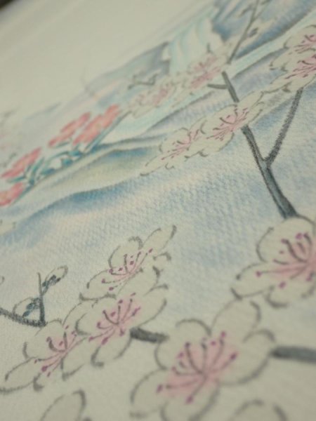 Photo4: 2L04z  Japanese Kimono Silk  FABRIC River Plum branch Off-white (4)