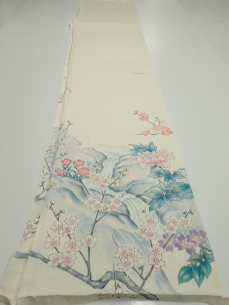 Photo5: 2L04z  Japanese Kimono Silk  FABRIC River Plum branch Off-white (5)