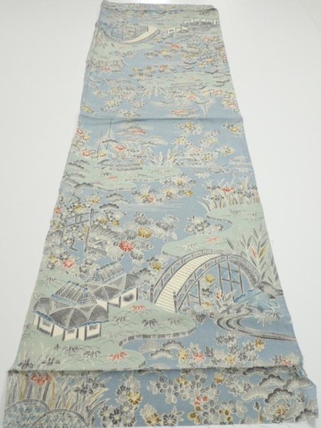 Photo5: 2L01z60  Japanese Kimono Crepe Silk  FABRIC Scenery Dull light blue 42.9x14.0 (5)