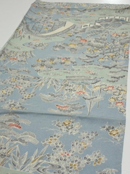 Photo3: 2L02z60  Japanese Kimono Crepe Silk  FABRIC Scenery Dull light blue 42.9x14.0 (3)