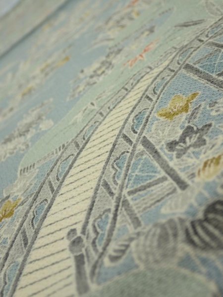 Photo4: 2L02z60  Japanese Kimono Crepe Silk  FABRIC Scenery Dull light blue 42.9x14.0 (4)