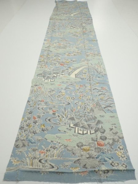 Photo5: 2L04z100  Japanese Kimono Crepe Silk  FABRIC Scenery Dull light blue 67.7x14.2 (5)