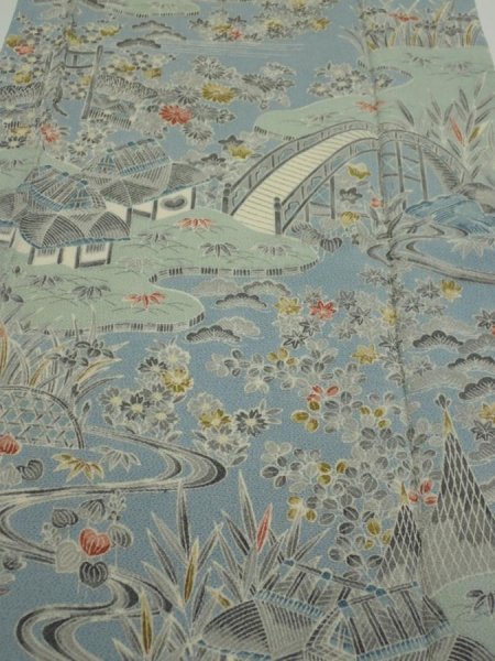 Photo1: 2L05z100  Japanese Kimono Crepe Silk  FABRIC Scenery Dull light blue 66.1x14.0 (1)