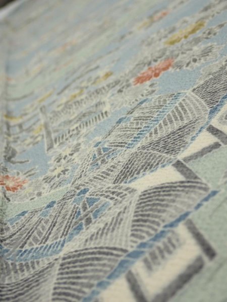 Photo4: 2L05z100  Japanese Kimono Crepe Silk  FABRIC Scenery Dull light blue 66.1x14.0 (4)