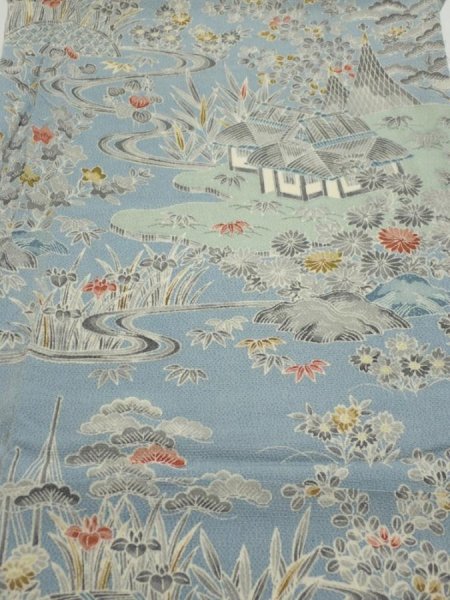 Photo1: 2L06z60  Japanese Kimono Crepe Silk  FABRIC Scenery Dull light blue 40.2x14.2 (1)