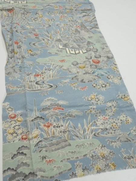 Photo2: 2L06z60  Japanese Kimono Crepe Silk  FABRIC Scenery Dull light blue 40.2x14.2 (2)