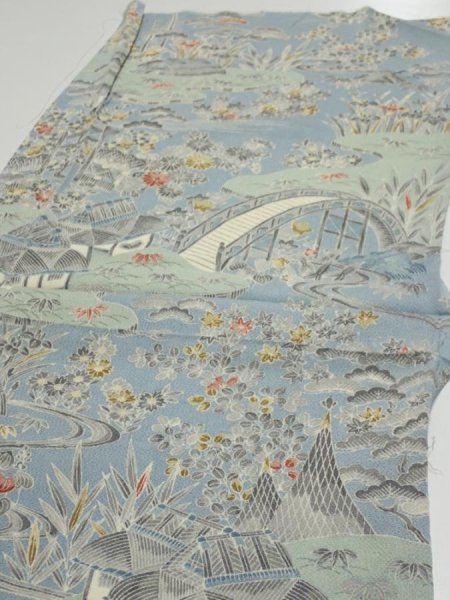 Photo3: 2L06z60  Japanese Kimono Crepe Silk  FABRIC Scenery Dull light blue 40.2x14.2 (3)