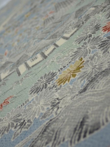 Photo4: 2L06z60  Japanese Kimono Crepe Silk  FABRIC Scenery Dull light blue 40.2x14.2 (4)