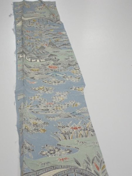 Photo2: 2L07z50  Japanese Kimono Crepe Silk  FABRIC Scenery Dull light blue 61.4x6.9 (2)