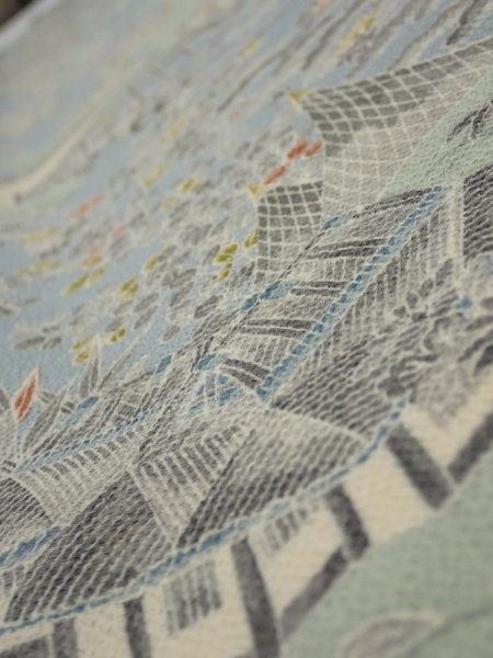 Photo4: 2L07z50  Japanese Kimono Crepe Silk  FABRIC Scenery Dull light blue 61.4x6.9 (4)