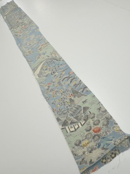 Photo5: 2L07z50  Japanese Kimono Crepe Silk  FABRIC Scenery Dull light blue 61.4x6.9 (5)