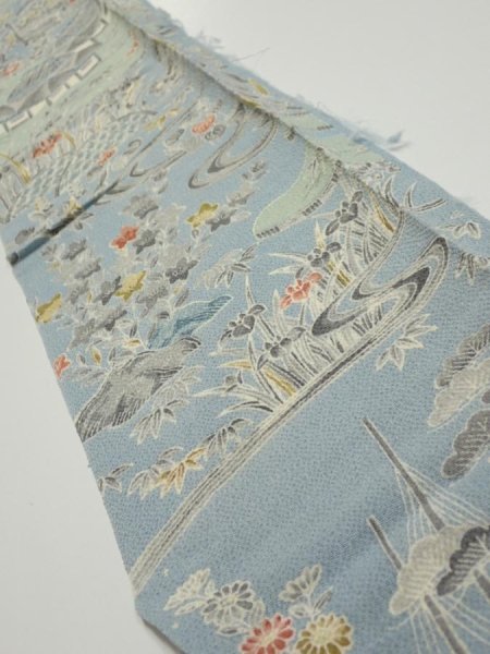Photo1: 2L08z30  Japanese Kimono Crepe Silk  FABRIC Scenery Dull light blue 33.5x6.9 (1)