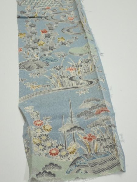 Photo4: 2L08z30  Japanese Kimono Crepe Silk  FABRIC Scenery Dull light blue 33.5x6.9 (4)