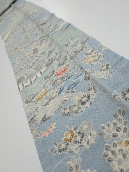 Photo1: 2L09z60  Japanese Kimono Crepe Silk  FABRIC Scenery Dull light blue 81.9x6.9 (1)