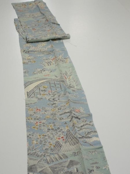 Photo3: 2L09z60  Japanese Kimono Crepe Silk  FABRIC Scenery Dull light blue 81.9x6.9 (3)