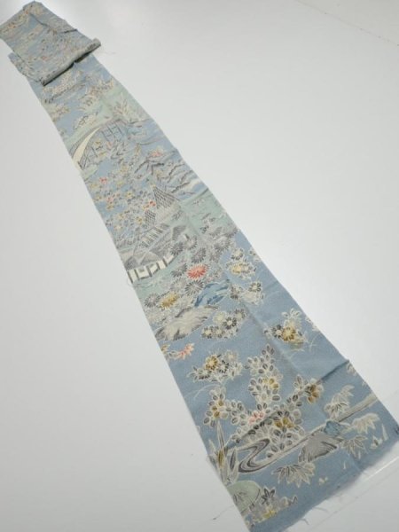 Photo5: 2L09z60  Japanese Kimono Crepe Silk  FABRIC Scenery Dull light blue 81.9x6.9 (5)