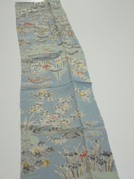 Photo4: 2L10z30  Japanese Kimono Crepe Silk  FABRIC Scenery Dull light blue 35.4x7.1 (4)