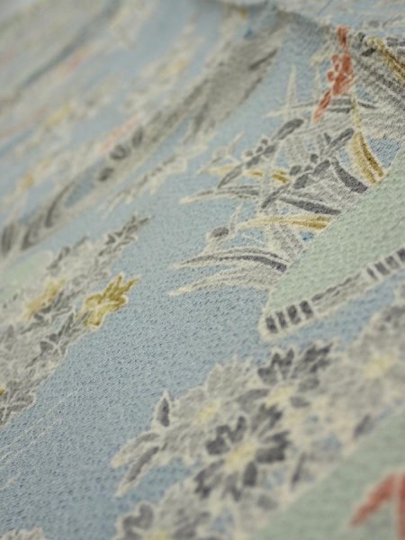 Photo5: 2L10z30  Japanese Kimono Crepe Silk  FABRIC Scenery Dull light blue 35.4x7.1 (5)