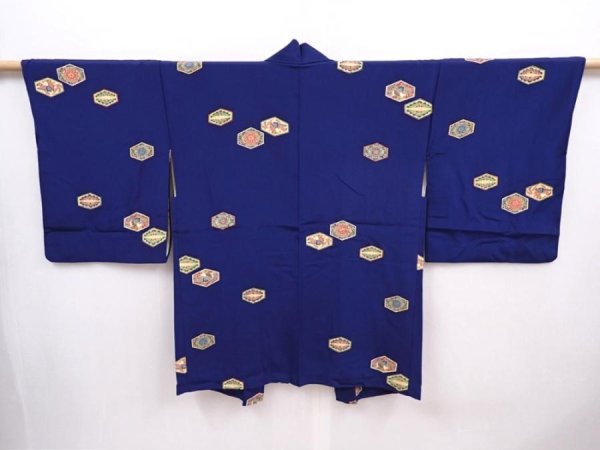 Photo1: 6008T07z590 Vintage Japanese Kimono Silk HAORI Phoenix Dark blue (1)