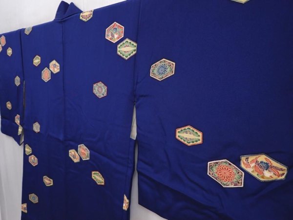 Photo2: 6008T07z590 Vintage Japanese Kimono Silk HAORI Phoenix Dark blue (2)