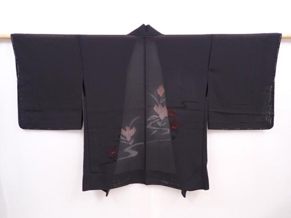 Photo1: 6008T08z300 Vintage Japanese Kimono Silk See through HAORI Flower Black (1)