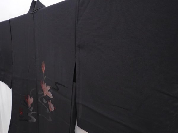 Photo2: 6008T08z300 Vintage Japanese Kimono Silk See through HAORI Flower Black (2)