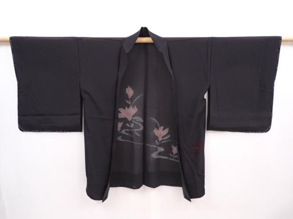 Photo5: 6008T08z300 Vintage Japanese Kimono Silk See through HAORI Flower Black (5)
