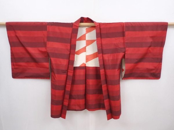 Photo5: 6008T09z440 Vintage Japanese Kimono Silk HAORI  Dark red (5)