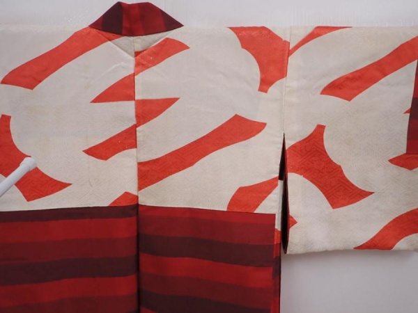 Photo8: 6008T09z440 Vintage Japanese Kimono Silk HAORI  Dark red (8)