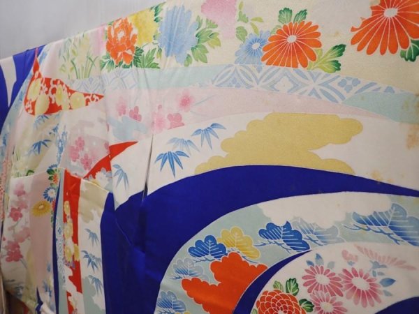 Photo2: 6008T10z1230 Vintage Japanese Kimono Silk FURISODE Tabane-noshi Royal blue (2)