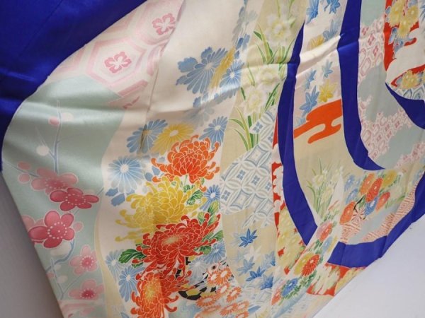 Photo3: 6008T10z1230 Vintage Japanese Kimono Silk FURISODE Tabane-noshi Royal blue (3)