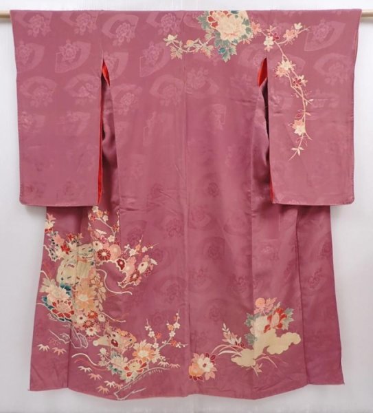 Photo1: 6008T12z610 Antique Japanese Kimono Silk TSUKESAGE Peony Dark pink (1)