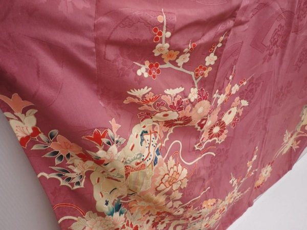 Photo3: 6008T12z610 Antique Japanese Kimono Silk TSUKESAGE Peony Dark pink (3)