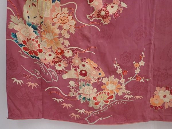 Photo6: 6008T12z610 Antique Japanese Kimono Silk TSUKESAGE Peony Dark pink (6)