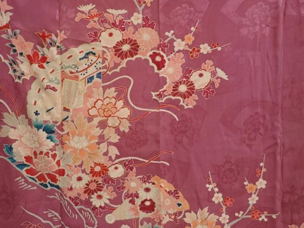 Photo8: 6008T12z610 Antique Japanese Kimono Silk TSUKESAGE Peony Dark pink (8)