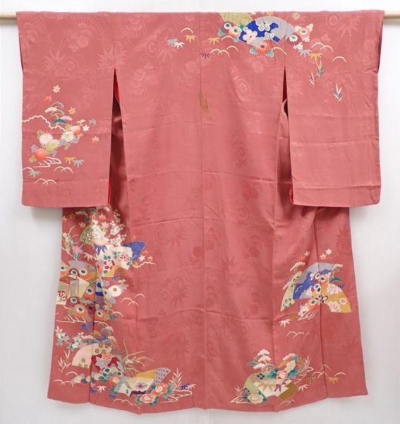 Photo1: 6008T13z560 Antique Japanese Kimono Silk TSUKESAGE Jigami Coral pink (1)