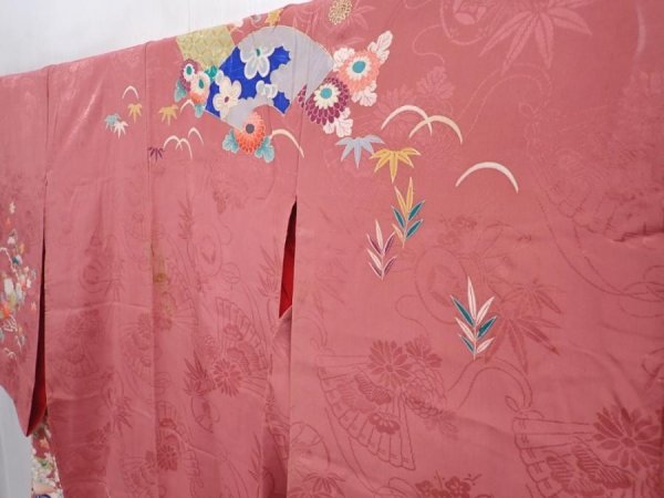 Photo2: 6008T13z560 Antique Japanese Kimono Silk TSUKESAGE Jigami Coral pink (2)