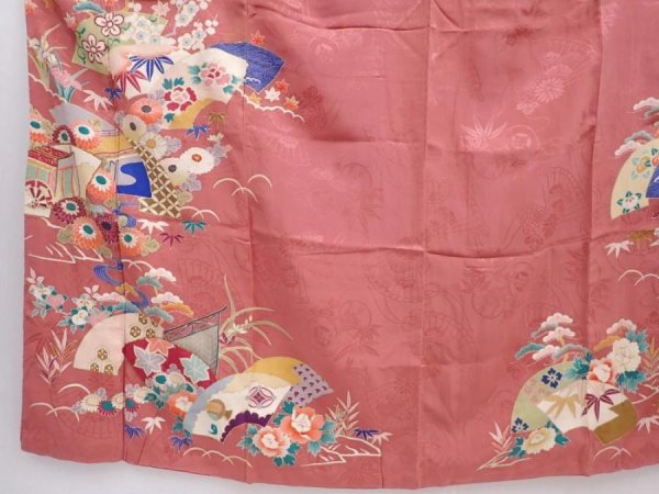 Photo5: 6008T13z560 Antique Japanese Kimono Silk TSUKESAGE Jigami Coral pink (5)
