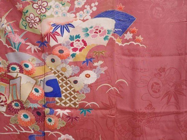 Photo8: 6008T13z560 Antique Japanese Kimono Silk TSUKESAGE Jigami Coral pink (8)
