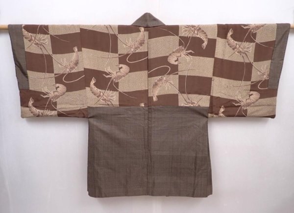 Photo1: 6009T02z490 Vintage Japanese Kimono Silk Men's HAORI Spiny lobster Brown-Gray (1)