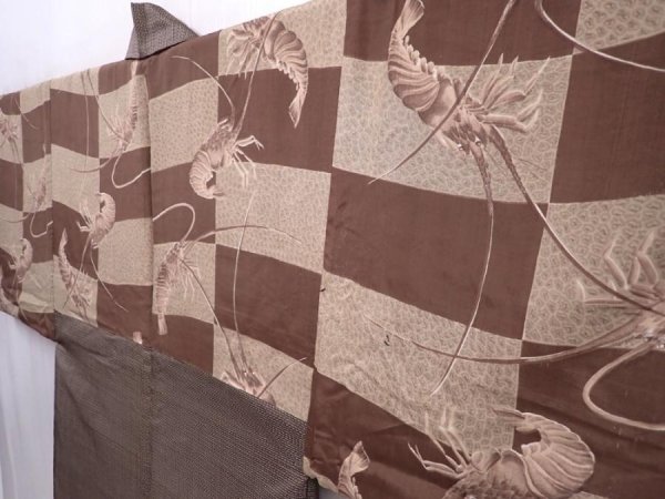 Photo2: 6009T02z490 Vintage Japanese Kimono Silk Men's HAORI Spiny lobster Brown-Gray (2)