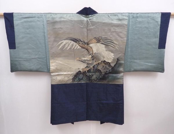 Photo1: 6009T03z450 Vintage Japanese Kimono Silk Men's HAORI Eagle Blue-Gray (1)