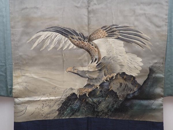 Photo2: 6009T03z450 Vintage Japanese Kimono Silk Men's HAORI Eagle Blue-Gray (2)