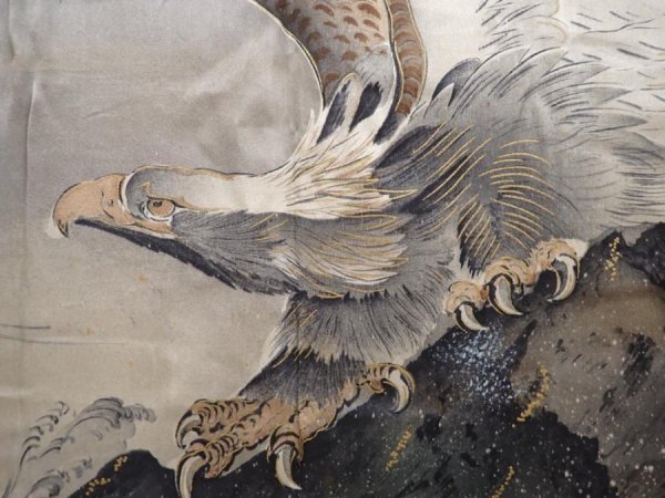 Photo3: 6009T03z450 Vintage Japanese Kimono Silk Men's HAORI Eagle Blue-Gray (3)