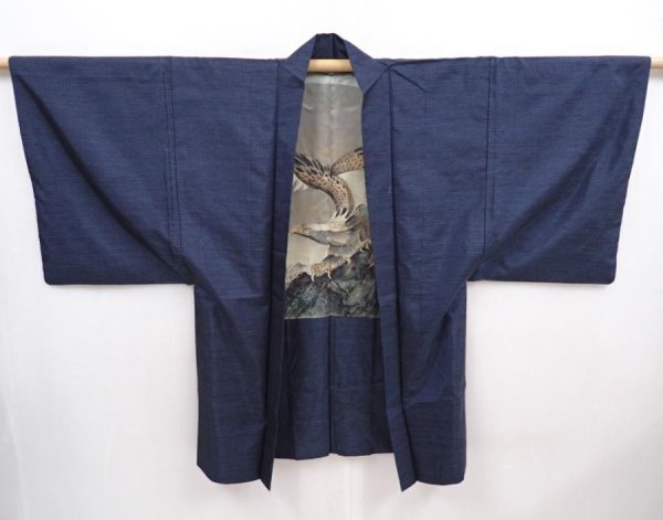 Photo6: 6009T03z450 Vintage Japanese Kimono Silk Men's HAORI Eagle Blue-Gray (6)