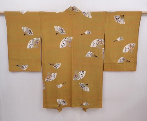 Photo1: 6009T05z520 Vintage Japanese Kimono Silk HAORI Folding fan Yellow ochre (1)